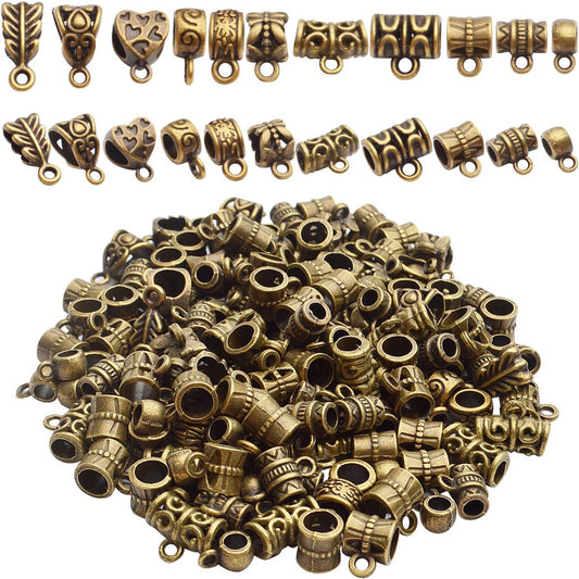 Tibetan Mixed Bail Beads Connectors - 100 Gram Metal Tube Bail Beads & Spacer Hanger Links for European Charm Jewelry Making, Antique Bronze