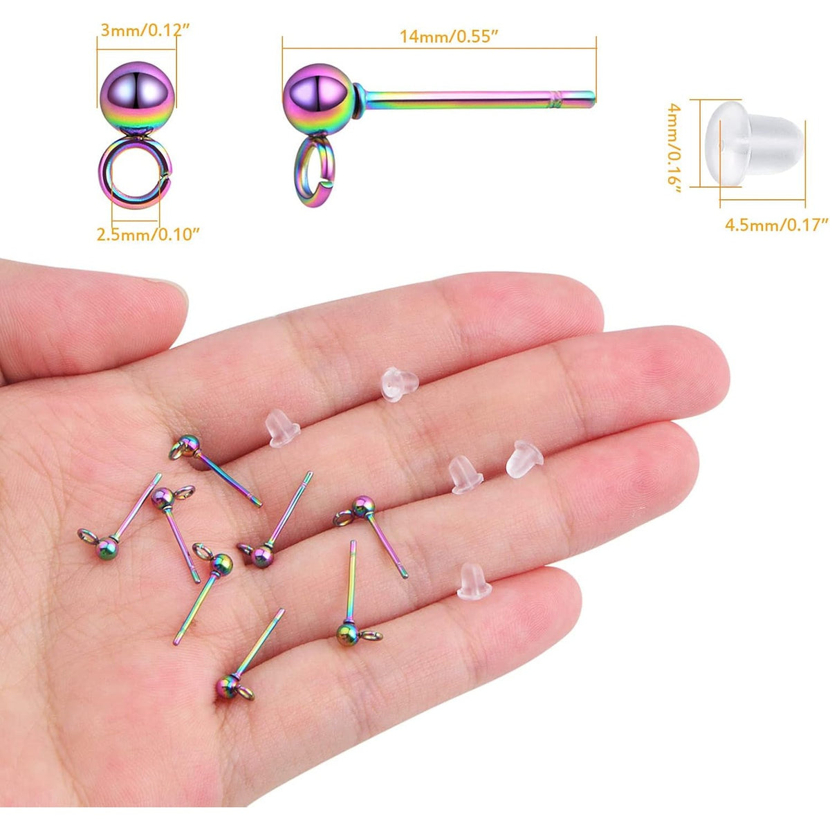 30pcs 3 mm Hypoallergenic Ball Post Earring Studs with Loop Stainless Steel Round Ball Earring Pins and 30pcs Clear Earring Safety Backs for DIY Jewelry Making, Rainbow Color