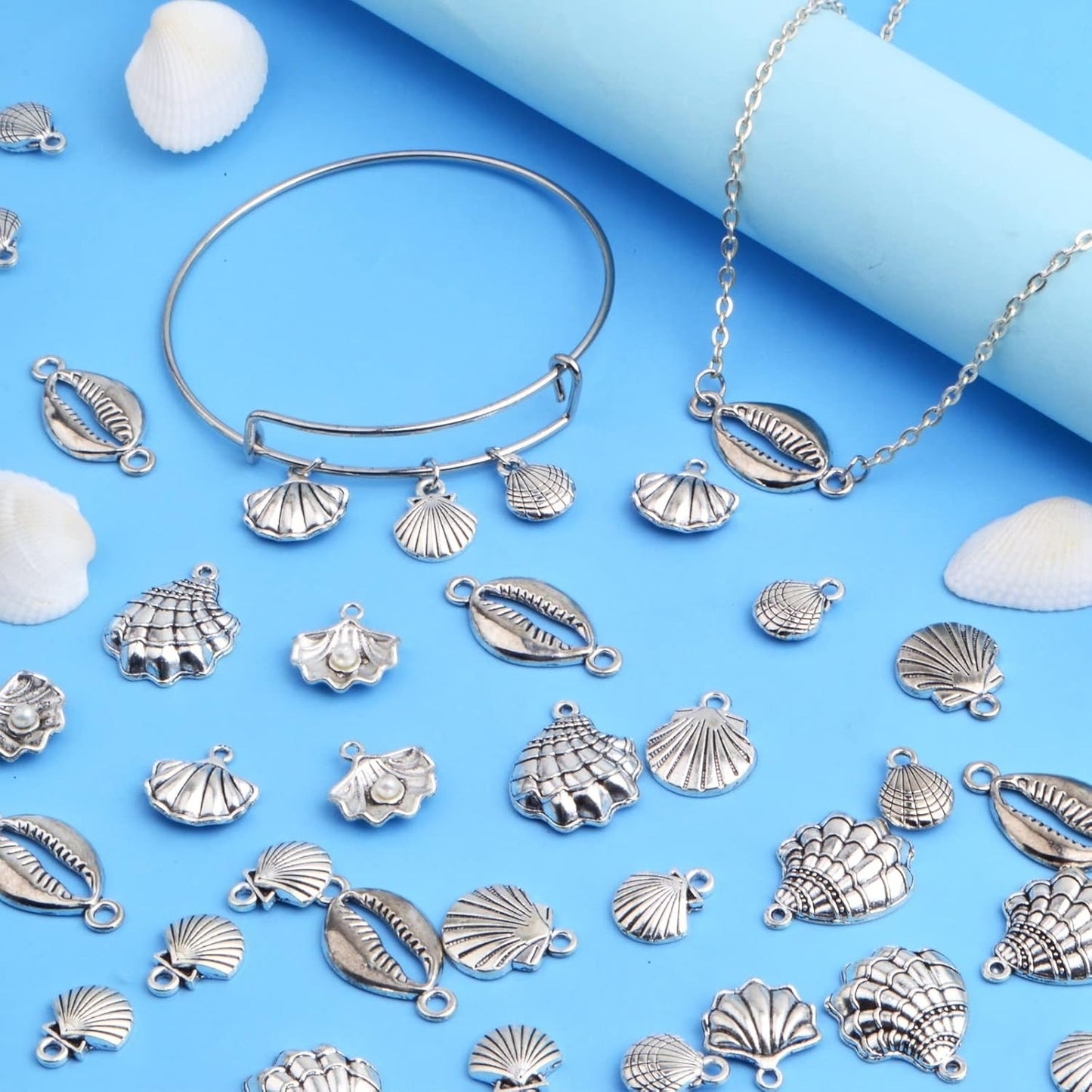 60pcs Antique Silver Sea Shell Charms Vintage Alloy Seashell Shape Ocean Life Dangle Pendants Craft Supplies for DIY Jewelry Making Birthday Party Gifts, 6 Styles