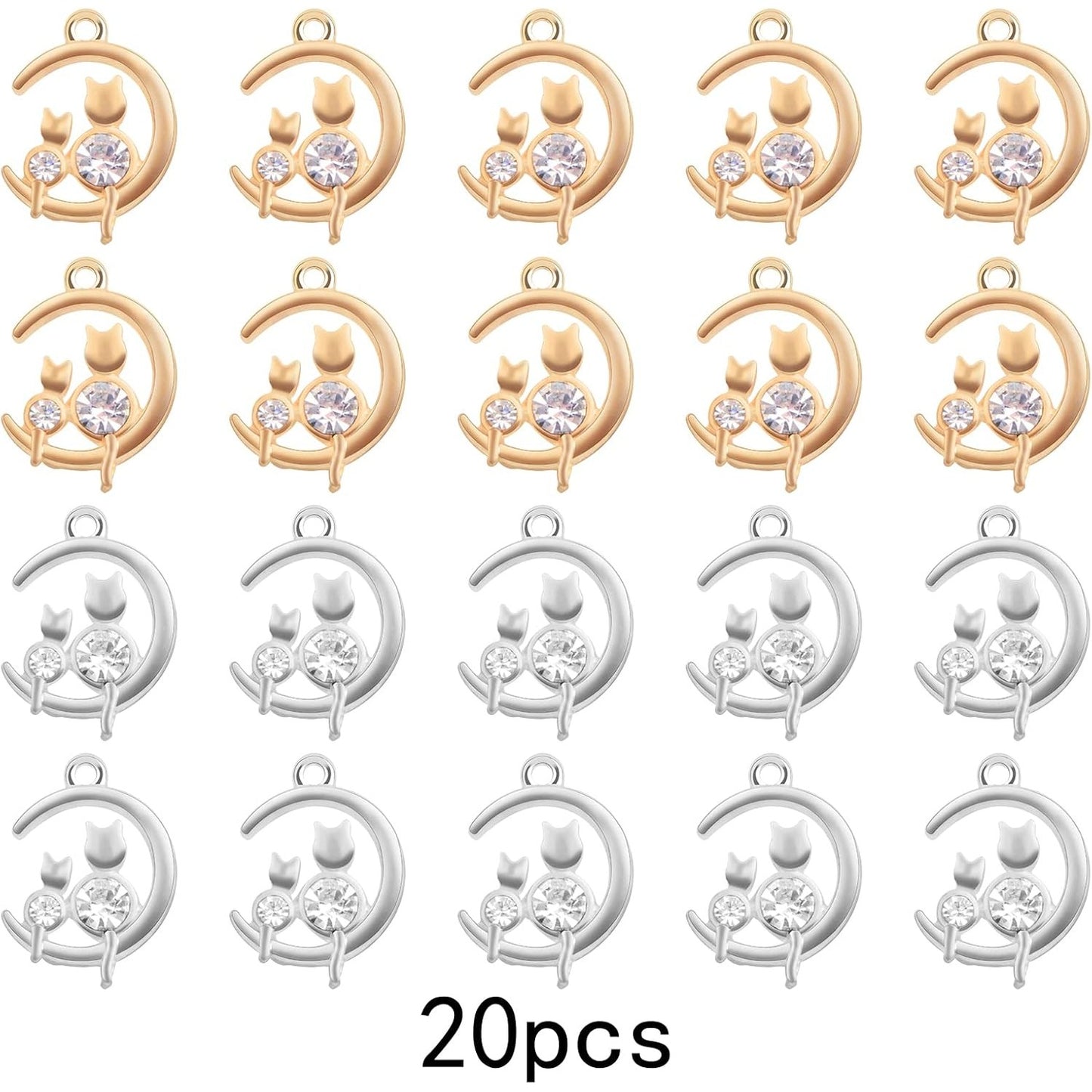 20 Pieces Cute Cat on the Moon Charms with Rhinestone Alloy Celestial Moon Kitty Dangle Pendants Craft Supplies for DIY Necklace Bracelet Earrings Jewelry Making, 2 Colors