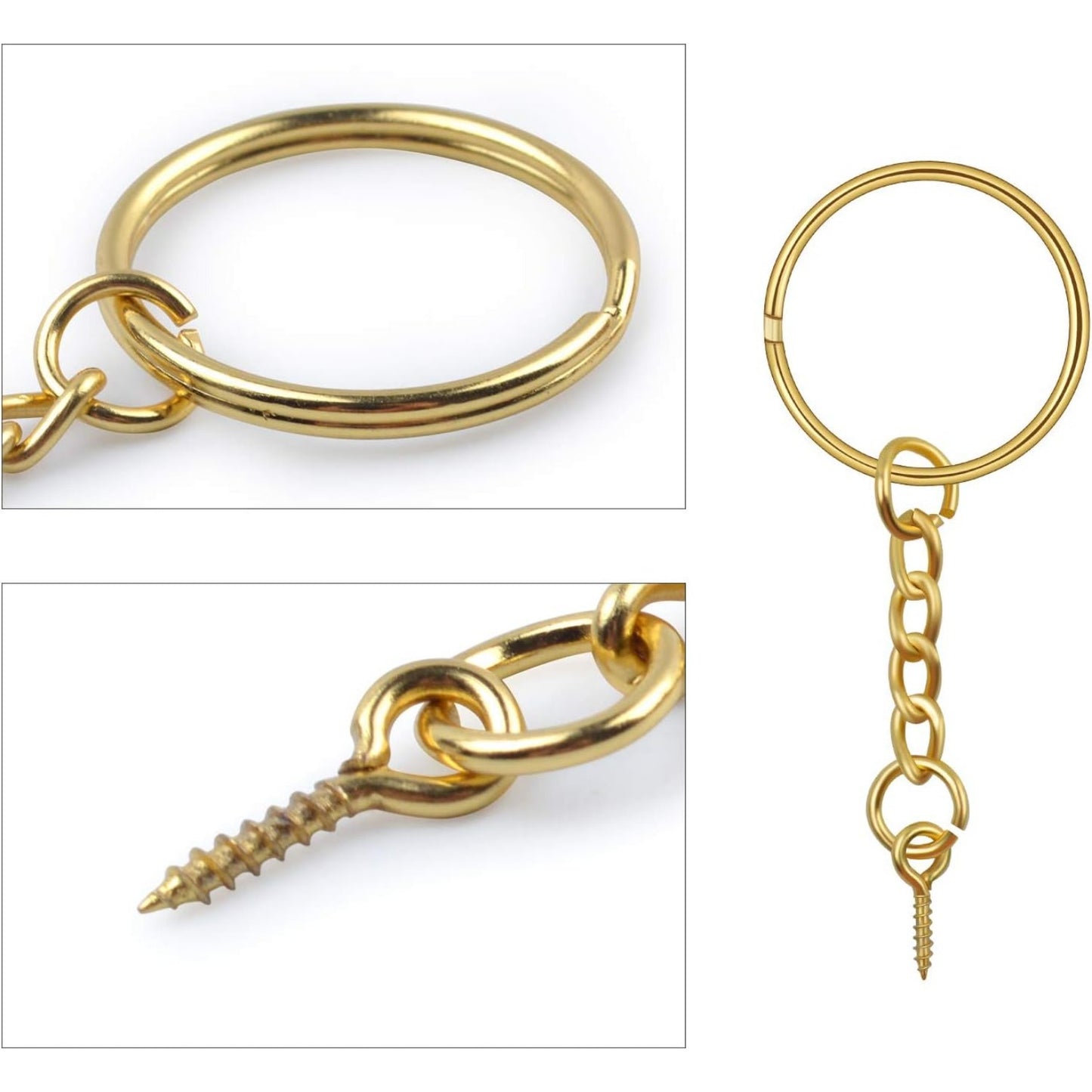 50pcs 25mm Split Key Ring with Extend Chain and 12mm Screw Eye Pin for Craft Charm Making,Gold