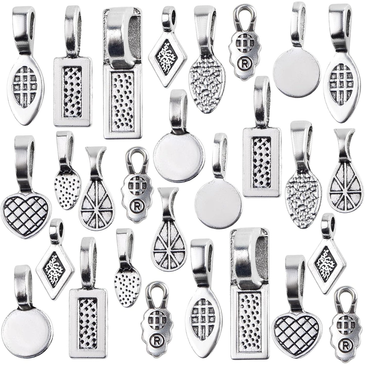 100 Gram Mixed Styles Tibetan Glue-on Bails Pendants Alloy Earring Bails Scrabble Making Supplies Glass Cabochon Tiles for DIY Necklace Bracelet Jewelry Making, Antique Silver