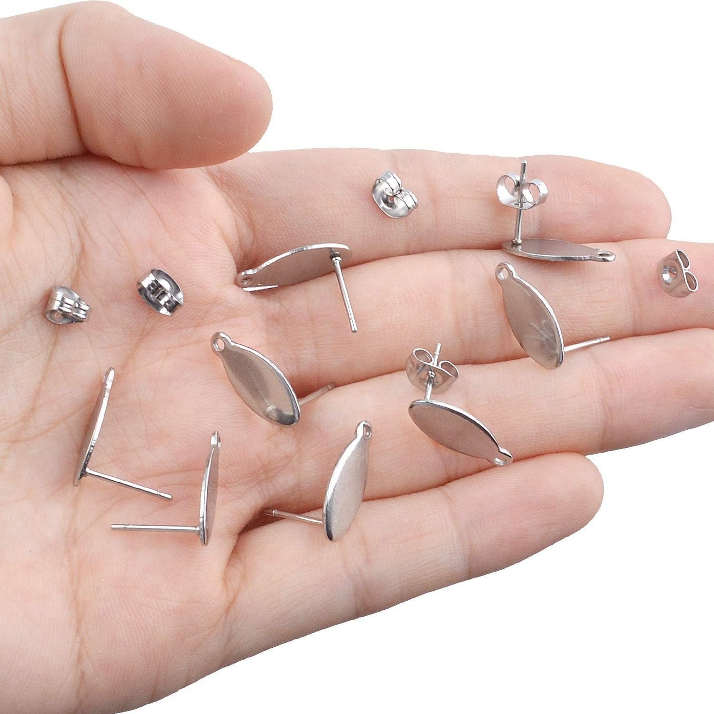 Stud Earring Findings - 20pcs Stainless Steel Oval Studs Blank Post with Loop and 20pcs Butterfly Backs for Making