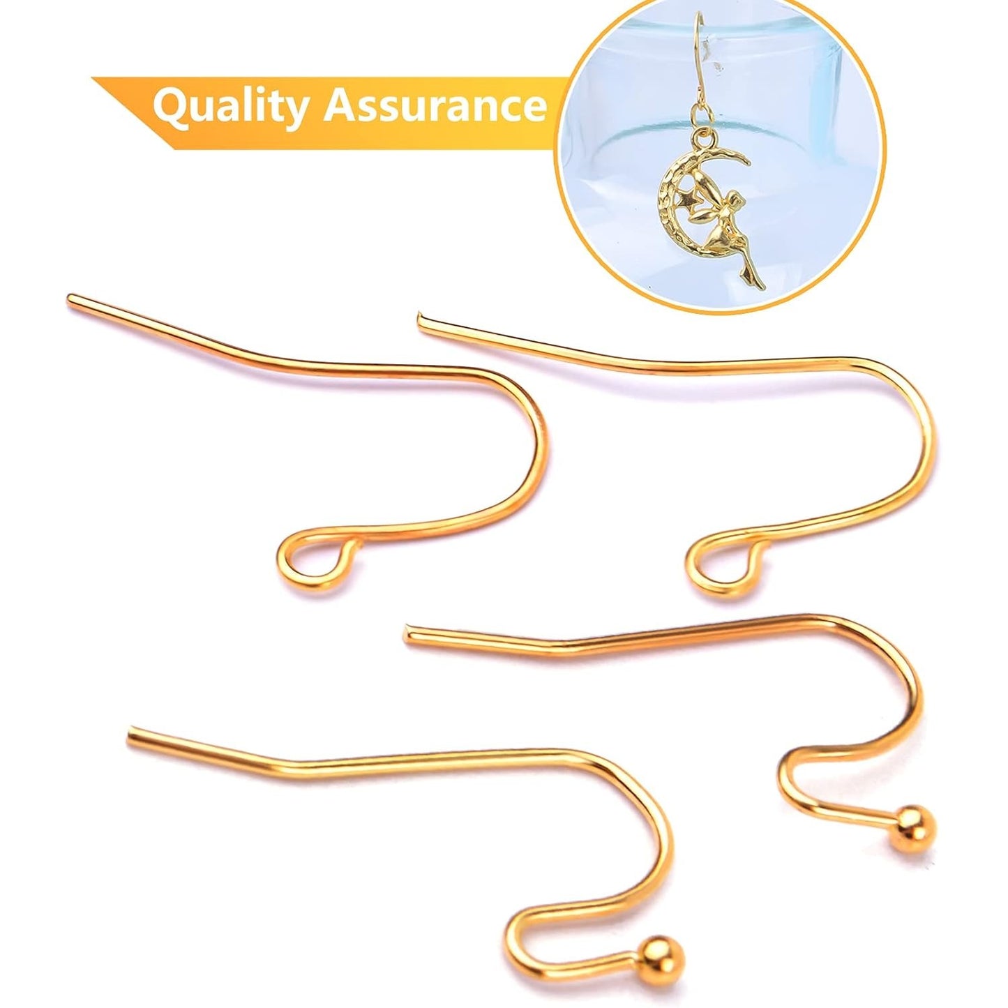 200pcs Gold Hypo-allergenic French Earring Hooks Ear Wire Ball Dots Fish Hooks Dangle Earring Findings and 200pcs Clear Rubber Earring Safety Backs, 2 Styles