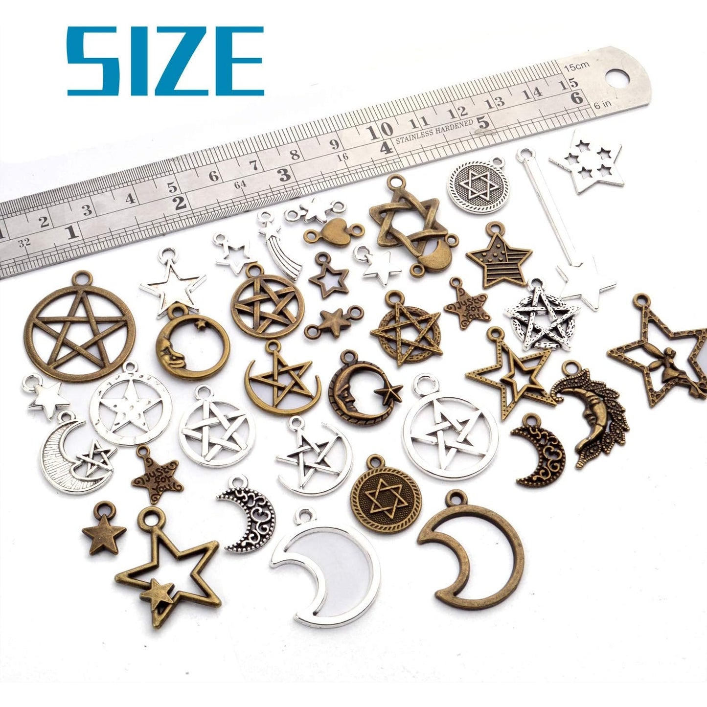 100pcs Mixed Sun Moon Star Charms Antique Alloy Celestial Charms Pentagram Pendants for Bracelets Necklaces Crafts