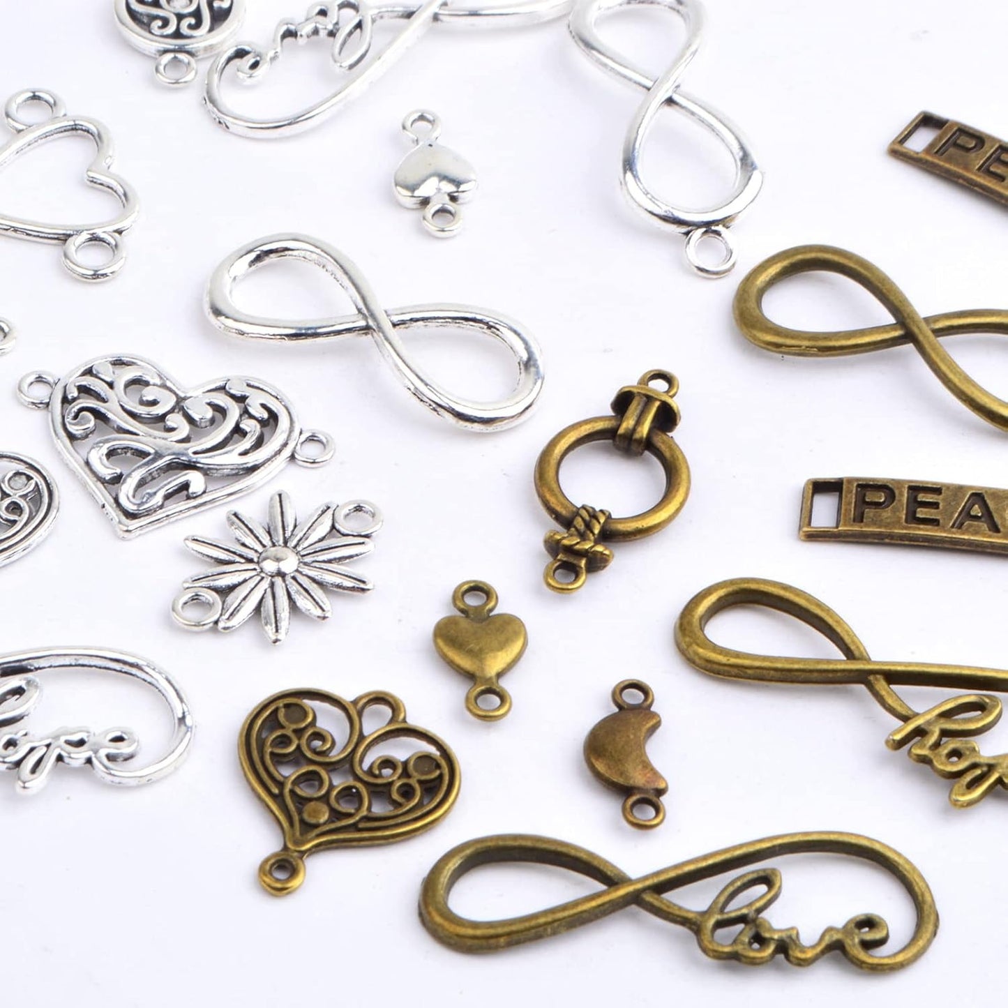 50 Pieces Mixed Word Letter Charms Connectors Tibetan Alloy Infinity Symbol Love Heart Pendant Links for DIY Necklace Bracelet Jewelry Making Findings, 2 Colors