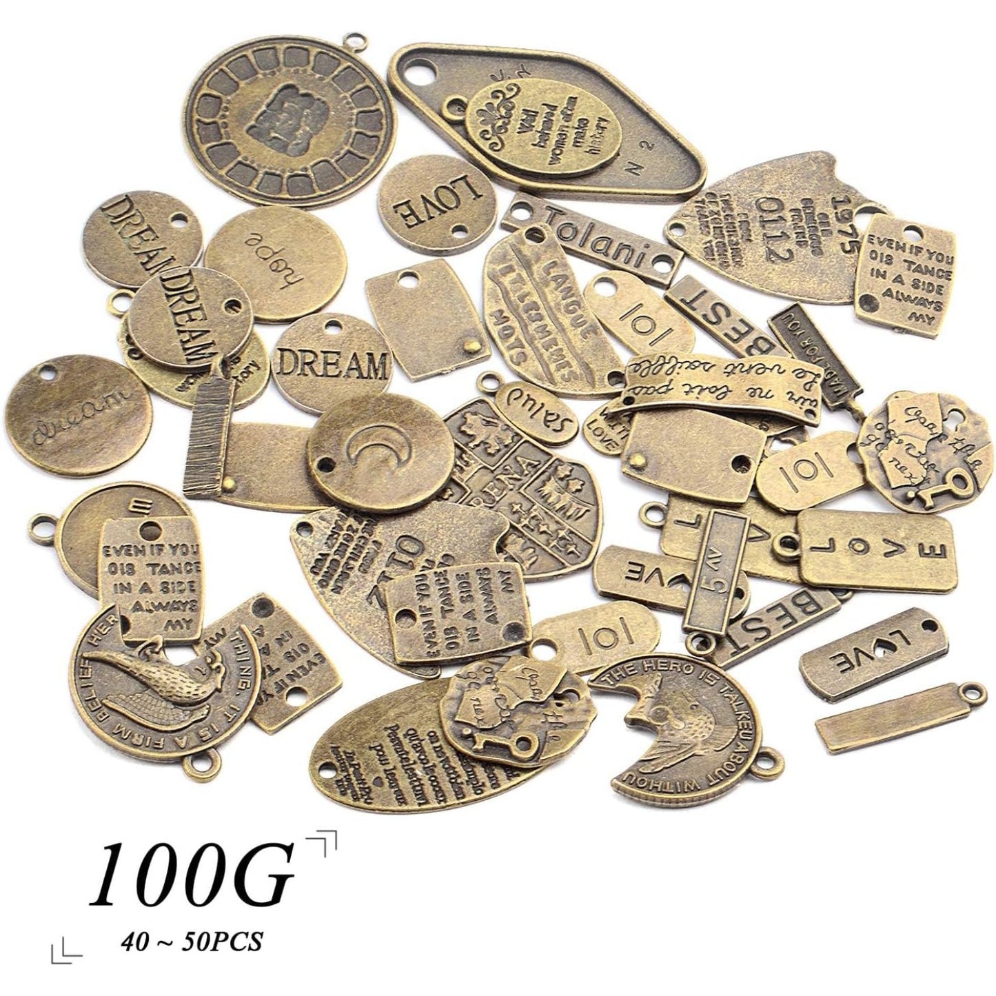 Inspirational Word Charms, 100g (40-50pcs) lettering Message Charms Pendants Craft Supplies Jewelry Findings for DIY Necklace Bracelet