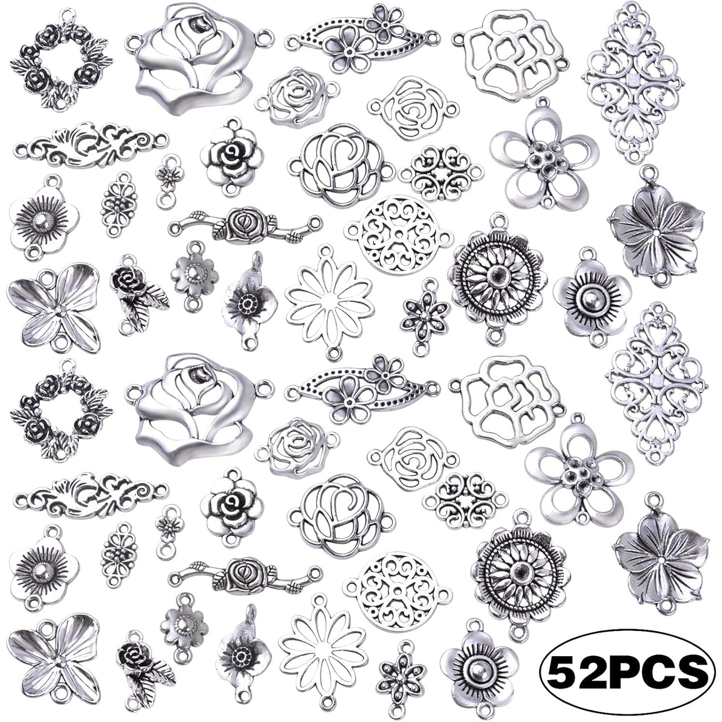 52pcs 26 Styles Flower Connector Charms Tibetan Alloy Rose Flower Pendants Beads Jewelry Connectors for DIY Necklace Bracelet Earrings Jewelry Making, Antique Silver
