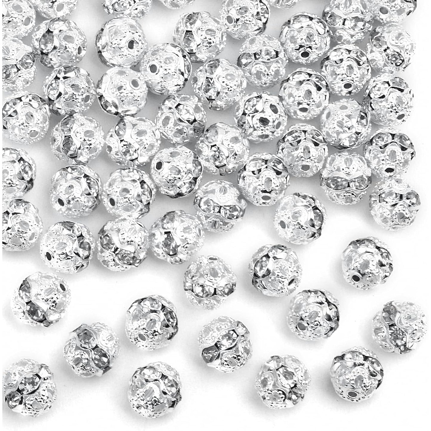 100pcs 8 mm Silver Crystal Rhinestone Ball Spacer Beads Round Ball Disco Rondelle Loose Spacer Beads Jewelry Findings Accessories for DIY Necklace Bracelet Handmade Decor