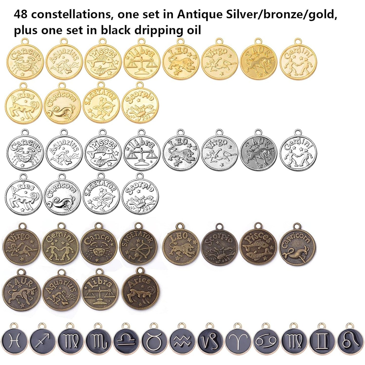 48pcs Zodiac Sign Charms, 36pcs Round 12 Constellation Pendants alloy Beads and 12pcs Gold Plated Enamel Zodiac Pendants for Jewelry Necklace Bracelet Earring, 4 colors