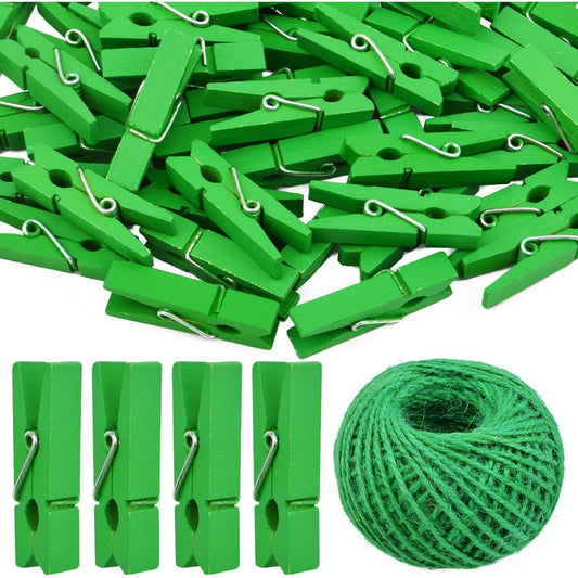 50pcs Small Wooden Clips Tiny Picture Photo Pegs Clothespins Decorative Craft Wood Clips with 50 M Jute Twine for Photo Display Picture Hanging Home Art Crafts Decor, Green