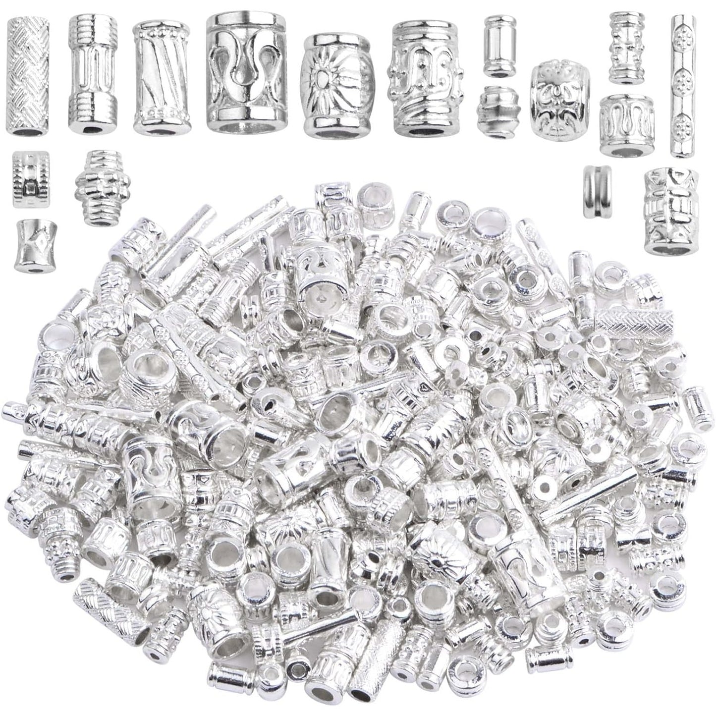 100 Gram Mixed Column Barrel Spacer Beads Vintage Alloy Tube Bar Shape Loose Charm Beads Accessories for DIY Bracelet Necklace Jewelry Making Findings, Bright Silver