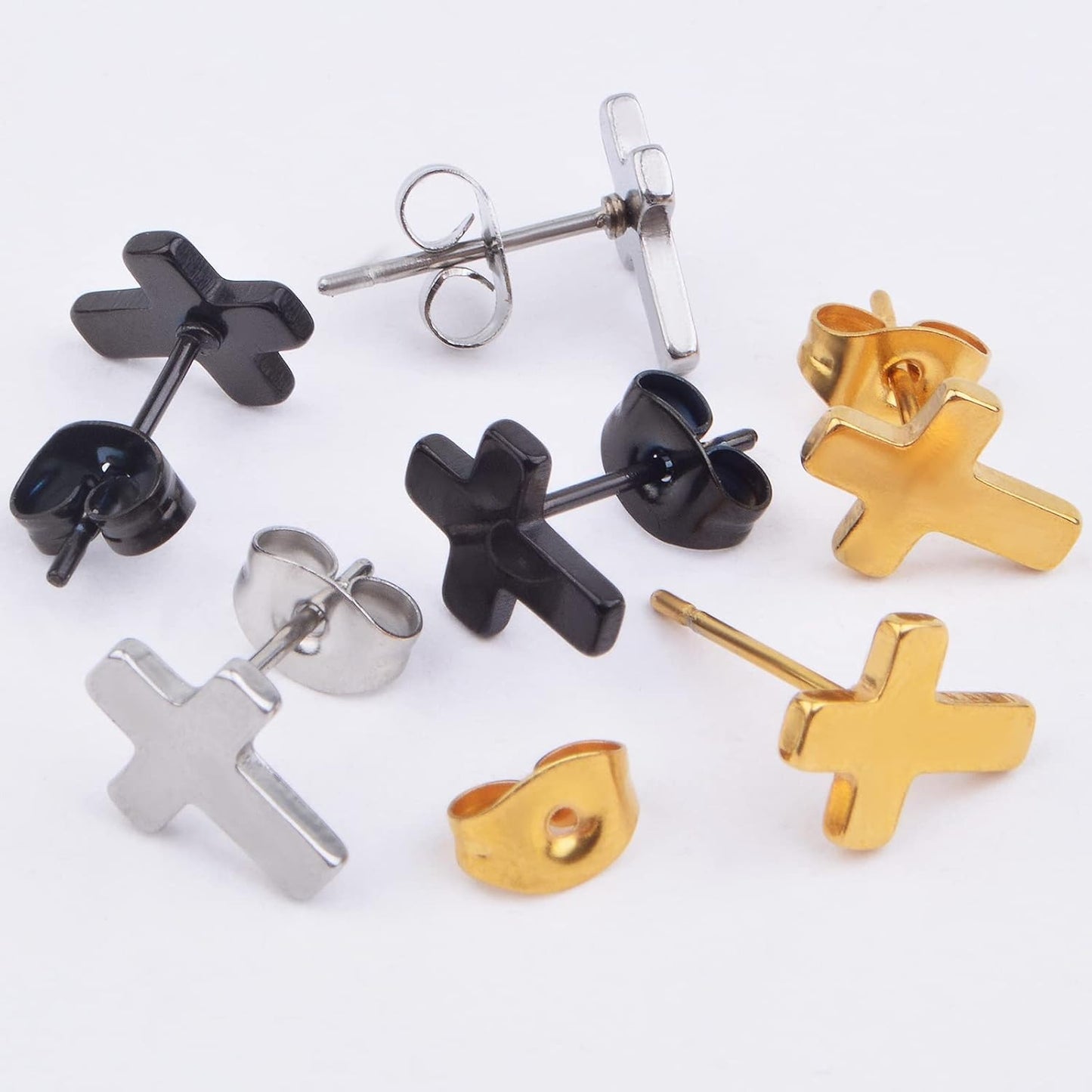 3 Pairs Hypoallergenic Tiny Cross Stud Earrings Stainless Steel Religious Cross Crucifix Shape Earrings Set for Women Men DIY Jewelry Making, 3 Colors