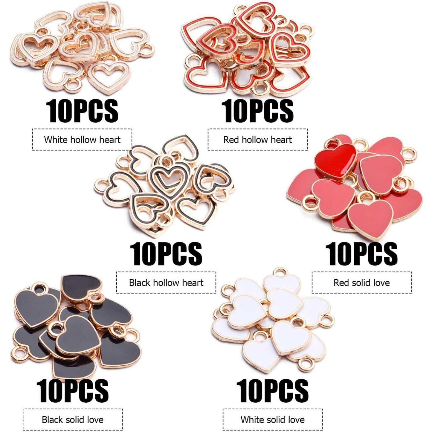 Heart Charm Pendant,60pcs Gold Plated Enamel Red White Black Hollow Heart Charms Pendants Jewellery Making Findings for Necklace Bracelet Crafting DIY,10x12mm
