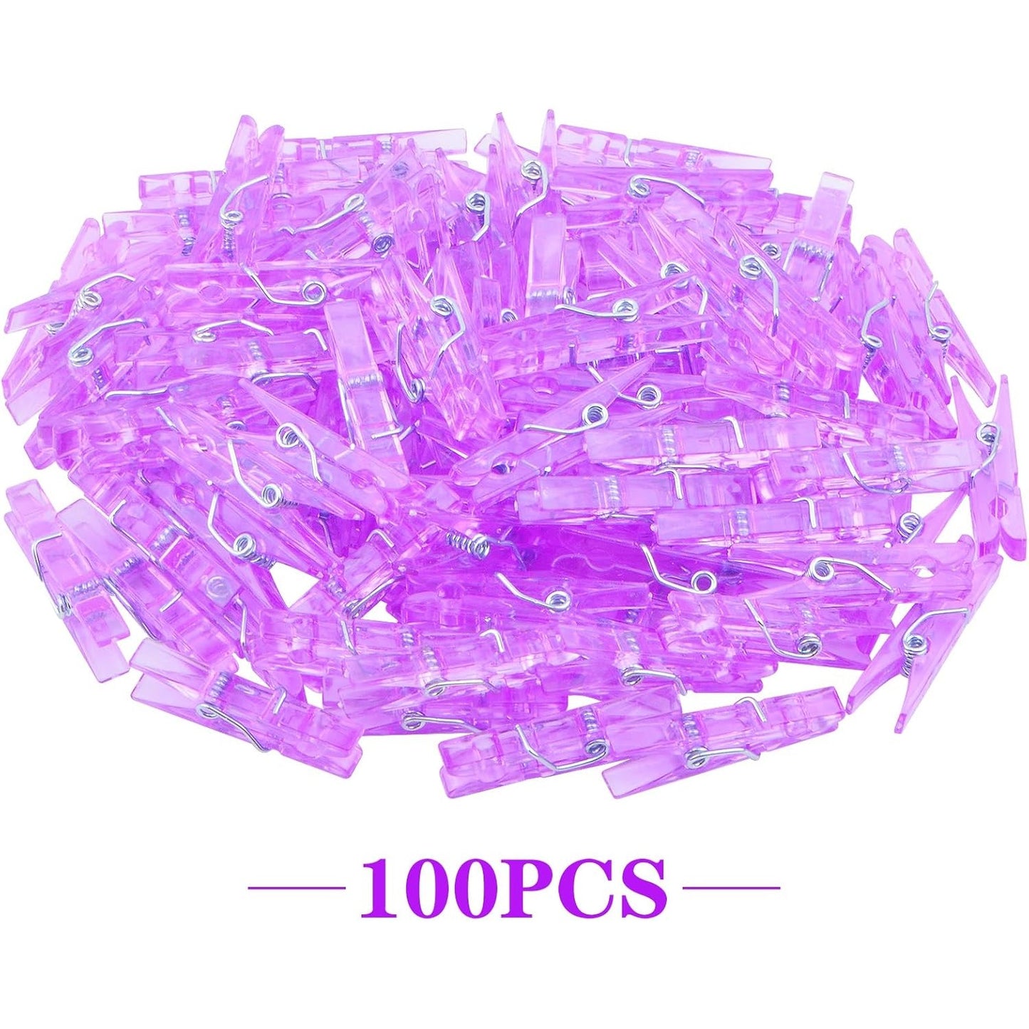100 Pieces Clear Plastic Clothespins Mini Transparent Craft Clips Pictures Paper Peg Pins for Hanging Photos String Fairy Lights Wedding Party Decor, Purple