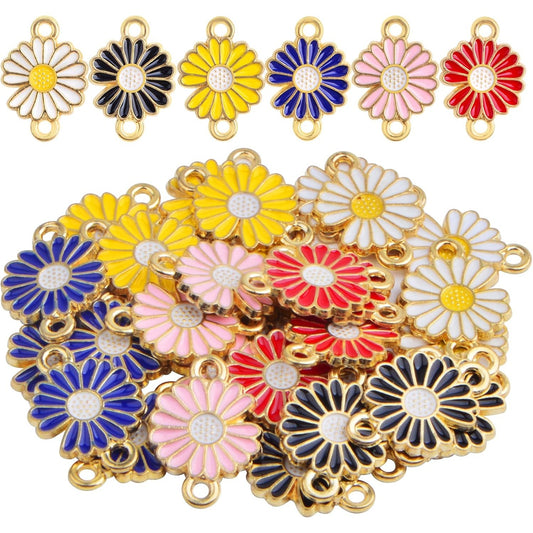 30pcs 6 Colors Daisy Flower Charms Connectors Alloy Enamel Flower Shaped Dangle Pendants Double Loops Links Charms for DIY Necklace Bracelet Earrings Jewellery Making Gifts