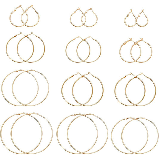 12 Pairs Hoop Earrings Set Big Circle Earrings Round Hoop Earrings Findings Fashion Jewelry for Women Girls, Gold, Dia 2-7.5cm