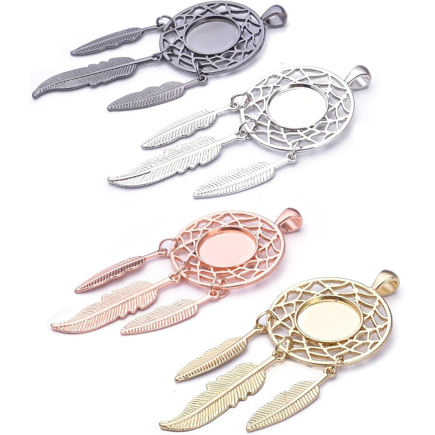 8 Sets Dream Catcher Pendant Trays Dangling Dreamcatcher Charms Feather Filigree Pendants Ornament with Clear Dome Glass Cabochons for DIY Jewelry Making, 4 Colors