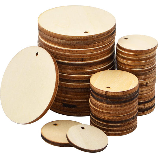 100pcs Natural Wooden Circles Unfinished Round Disc Wood Slices Circle Wood Chips Pieces with Holes for DIY Art Crafts Projects Jewelry Making Decoration, 3 Sizes