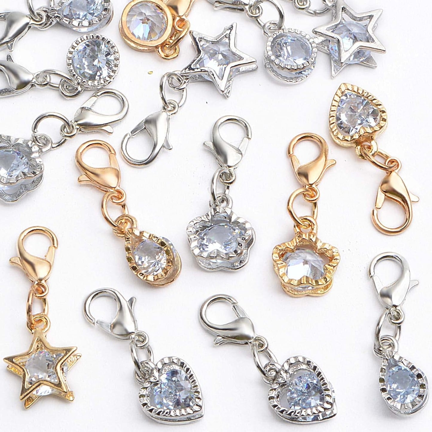 20pcs 2 Colors Cubic Zirconia Charms Metal Round Heart Star Plum Bossom Drop Shaped Pendants with Lobster Clasps for DIY Necklace Earrings Jewelry Making Supplies, 5 Styles