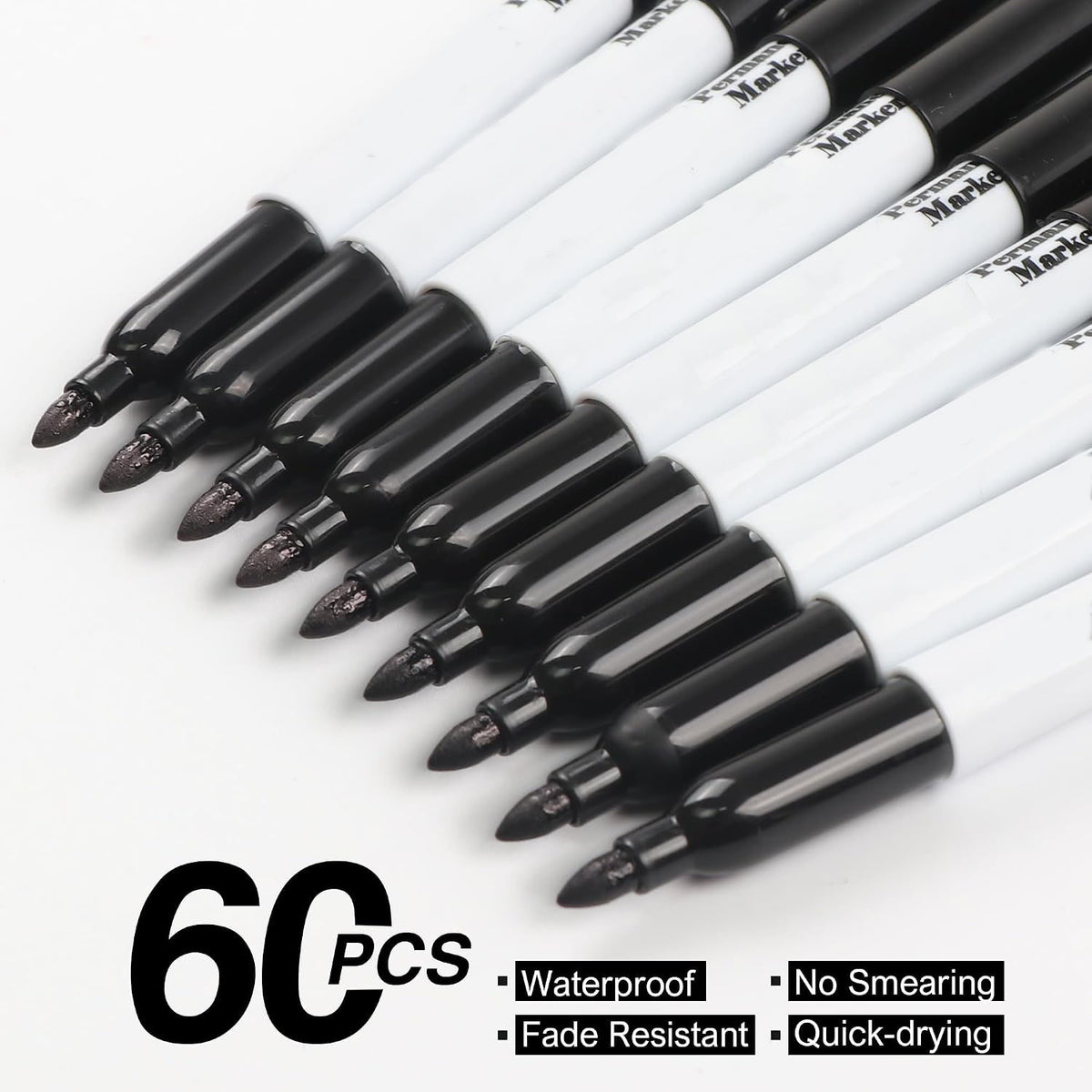 HENDEVL  Black Permanent Markers Fine Tip, 60 Packs Permanent Markers Bulk, Quick Drying & Fade Resistant, Permanent Marker Set Works on Plastic,Wood,Stone,Metal and Glass for Doodling, Marking