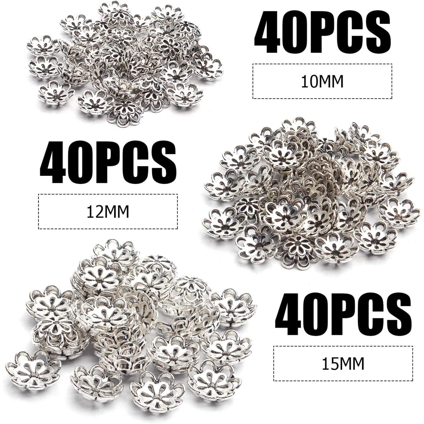 Hollow Double Flower Bead Caps - 120pcs Alloy Spacers for Jewelry Making, DIY Crafts, Bracelets, Necklaces - Antique Silver, 10mm, 12mm, 15mm