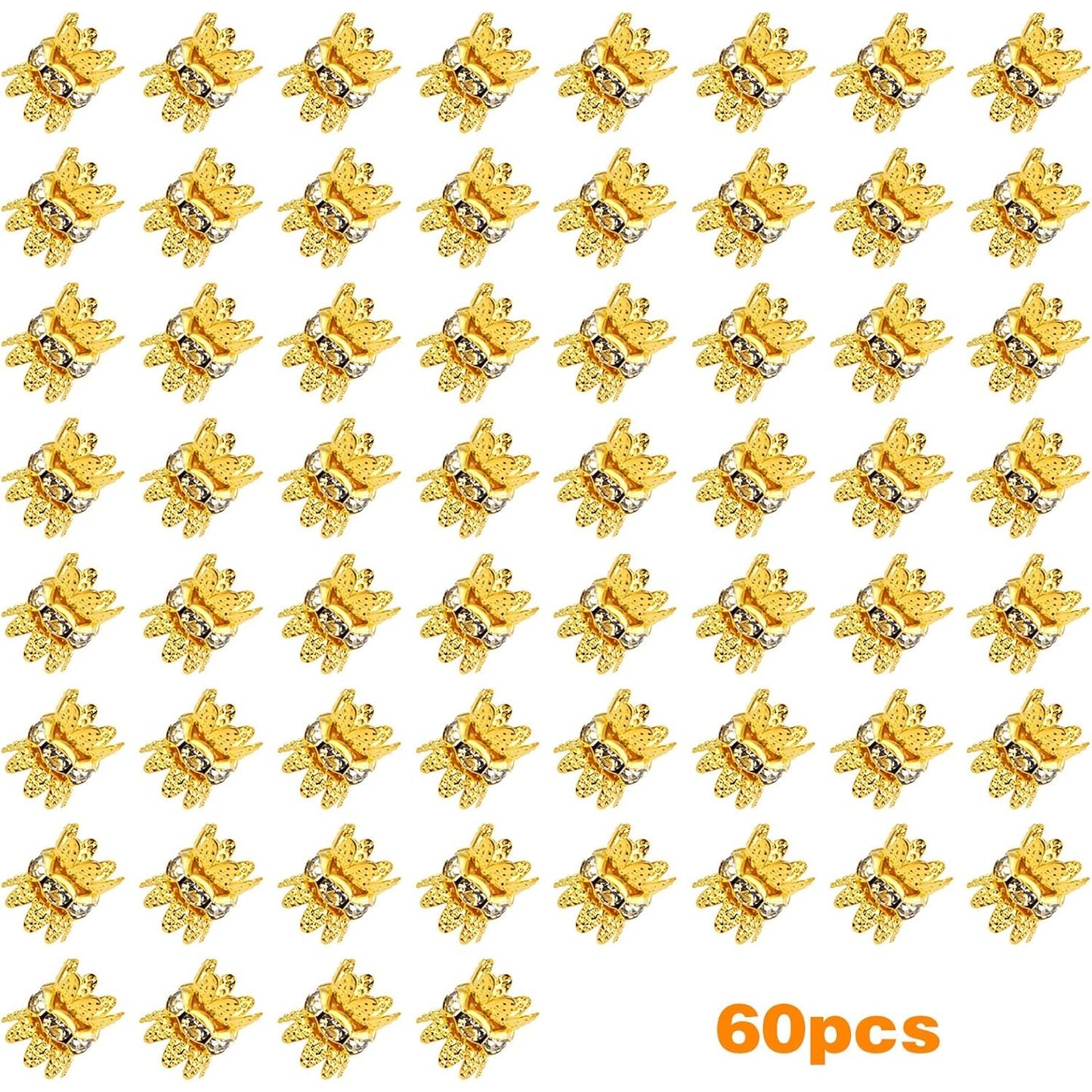 60PCS Double Flower Beads Caps with Rhinestone Petal Brass Bead Spacer Flower Caps Jewelry Making Accessories for Bracelet Necklace Earring
