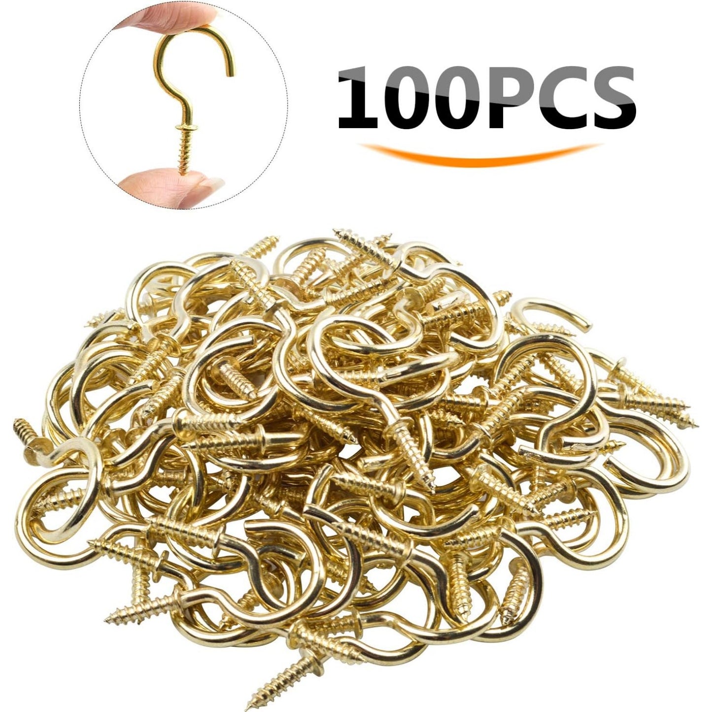 BronaGrand 100pcs Nickel Plated Metal Screw-in Ceiling Hooks Cup Hooks Gold 1inch