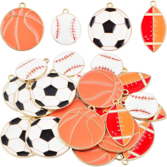 20pcs Enamel Sports Ball Charms Mixed Alloy Football Basketball Baseball Rugby Pendants Craft Supplies for DIY Necklace Bracelet Keychains Jewelry Making Decoration, 4 Styles