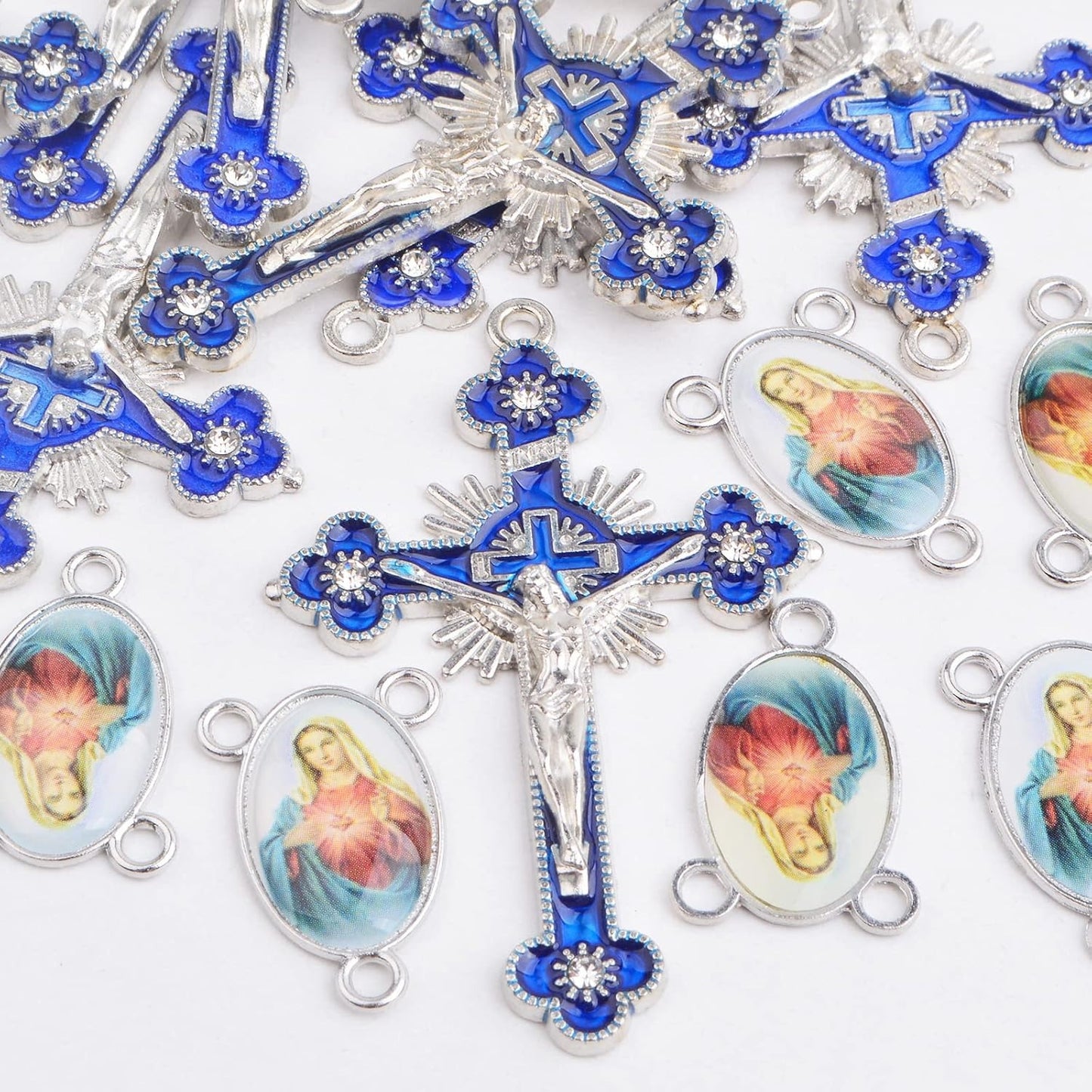 20pcs/10 Sets Catholic Rosary Cross and Center Miraculous Medal Charms Alloy Enamel Cross Crucifix Pendants Picture Jesus Our Lady Chandelier Links for Rosary Beads Necklace Jewelry Making