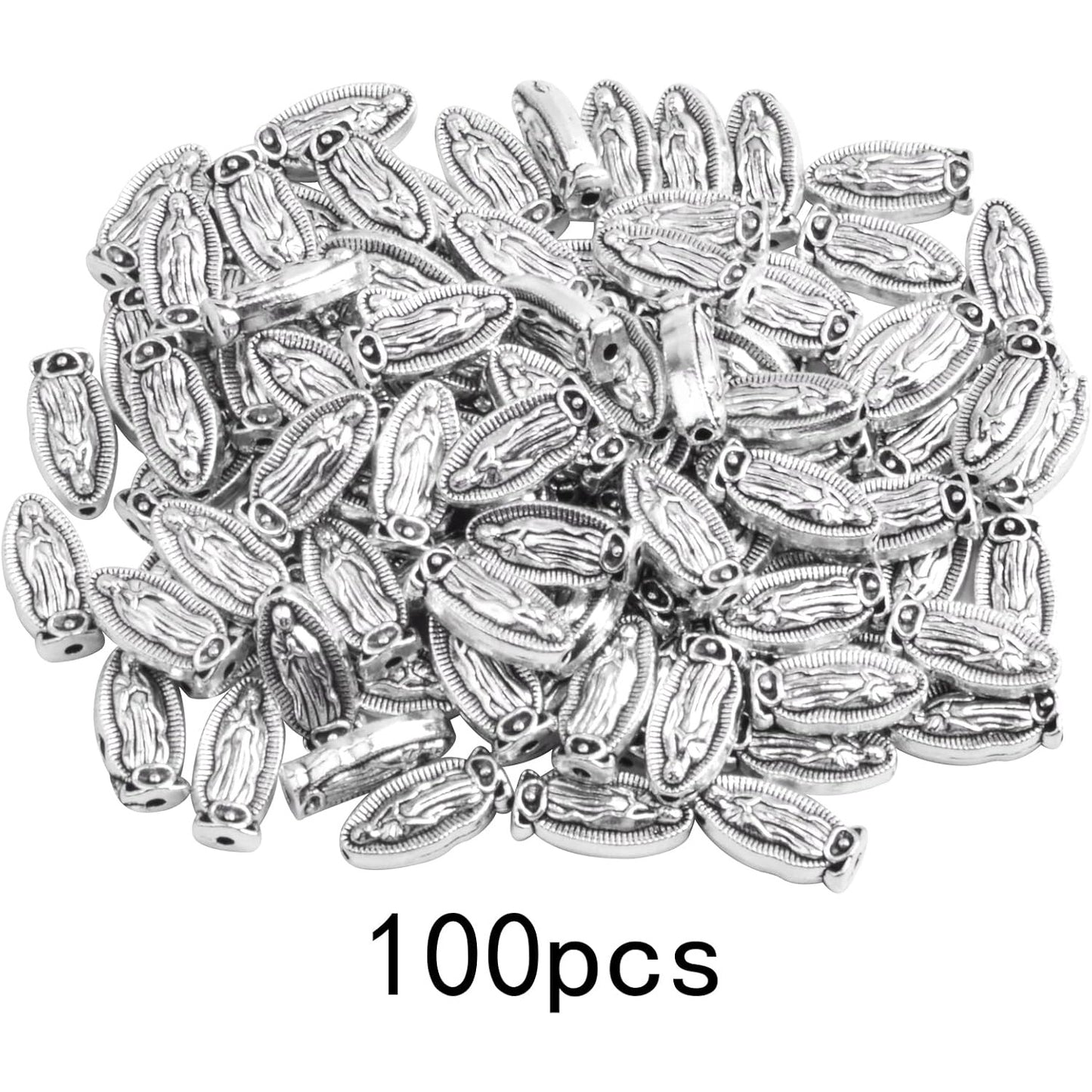 100pcs Antique Silver Religious Jesus Beads Alloy Virgin Mary Our Lady Rosary Spacer Beads Double-Sided Loose Beads for DIY DIY Rosary Bracelet Necklace Jewelry Making