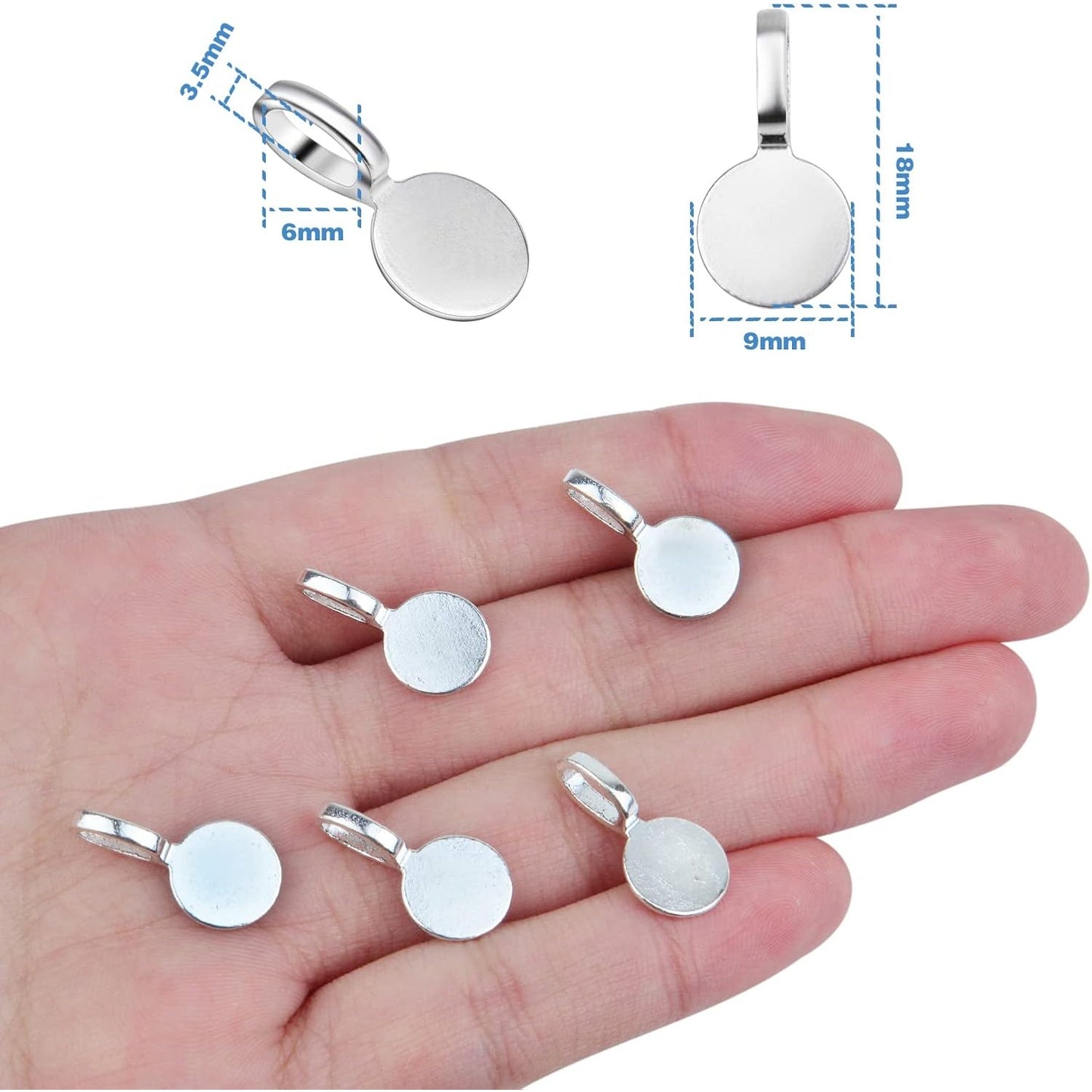 100pcs Silver Glue-on Flat Pad Bails Pendants Charms Connector Hanger for DIY Necklace Earrings Jewelry Making Accessories, 18 mm x 9 mm