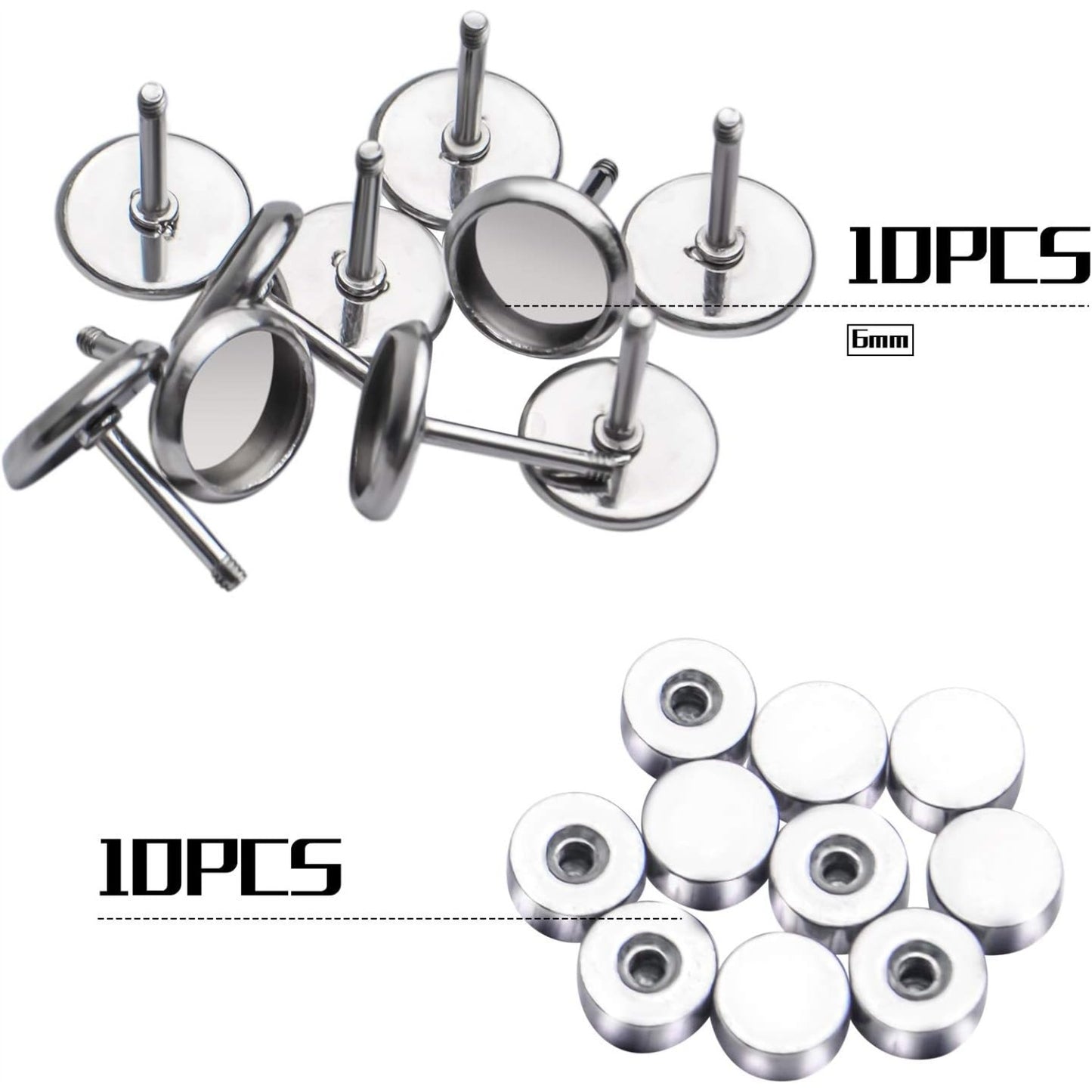Stud Earring Bezels,10pcs 6mm Stainless Steel Hypoallergenic Cabochon Bezel Trays Gemstone Earring Posts Blanks Settings