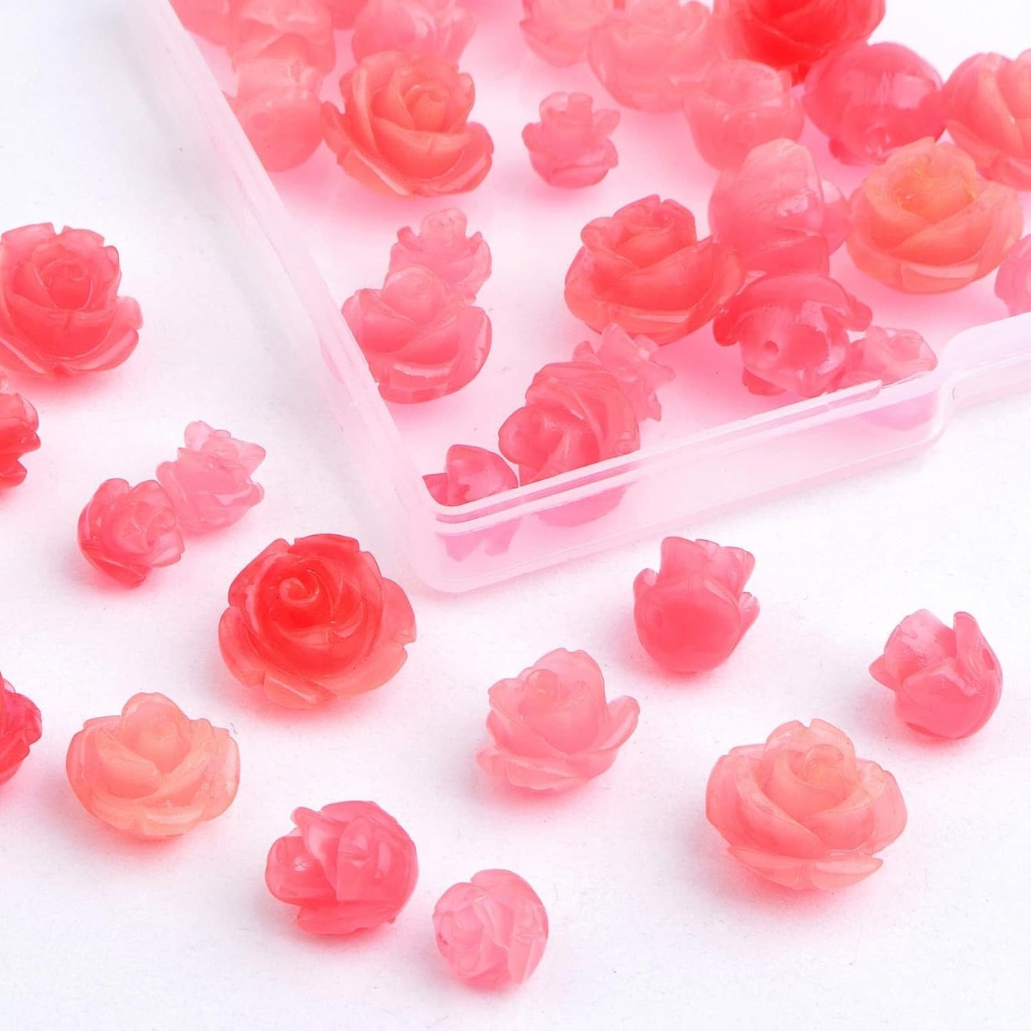 40pcs Shell Carved Rose Flower Beads Pink Rose Spacer Beads Flower Loose Beads Embellishments with a Box for DIY Crafts Scrapbooking Jewelry Making,4 Sizes