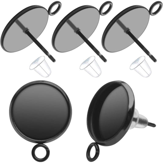 Earring Studs Posts, 20Pcs Earring Studs with Loop Stainless Steel Cabochon Setting Round Earrings Posts Tray Base and 20Pcs Black Earring Backs for Earring Making(Fit for 12mm)