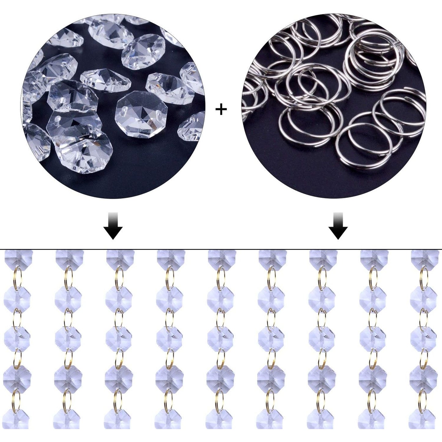 100Pcs 14mm Clear Crystal Octagon Beads with 100Pcs Stainless Curtain Rings Jump Rings Key Rings for Chandelier Prisms Curtain Parts Jewelry Making