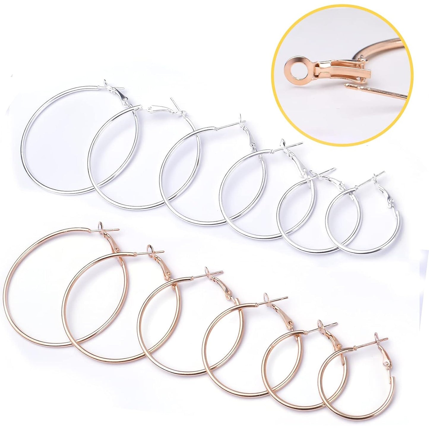 12 Pairs 6 Sizes Beading Earring Hoop Round Earrings Hypoallergenic Hoop Earrings Open Beading Hoop Earring Findings for DIY Crafts Gift Wedding Party Festival Favor(Gold, Silver)