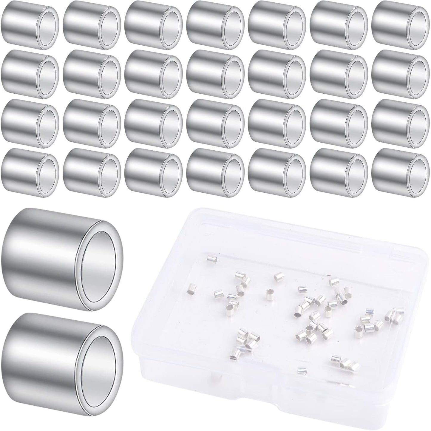 50pcs 2 mm Sterling Silver Crimp Tube Beads Column Crimp Spacer Beads Cord Cover Tips End Loose Stopper Beads with a Box for DIY Bracelet Jewelry Making Supplies