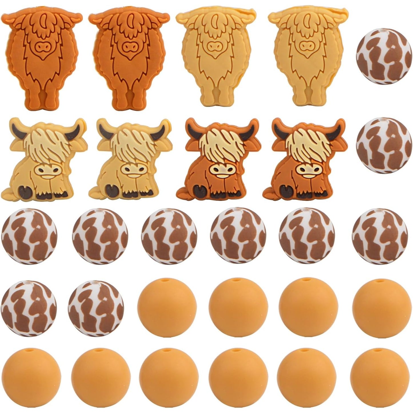 28Pcs Cow Silicone Beads Cute Animal Shaped Brown White Loose Round Cow Printed Spacer Beads Bulk for Necklaces Bracelets Keychain DIY Jewelry Making Crafts