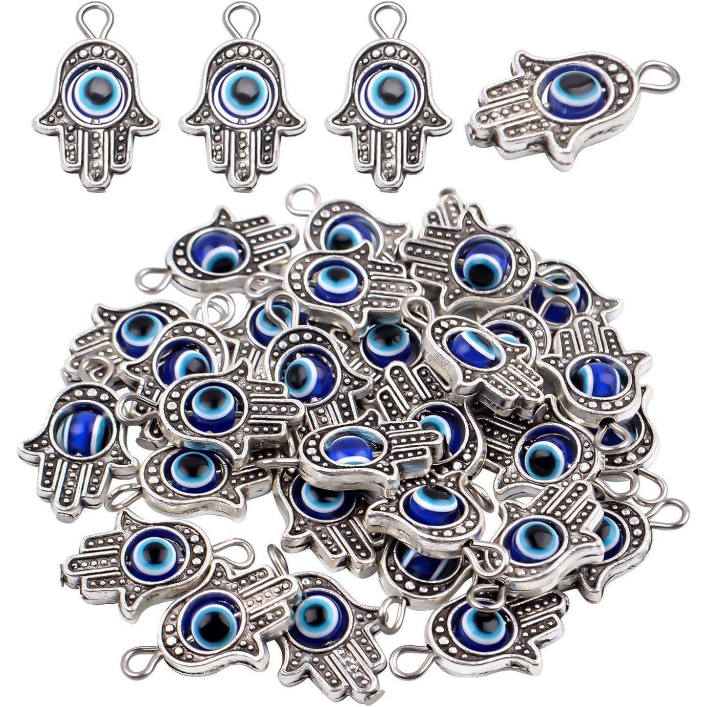 Hamsa Hand Beads Frame Charms,30 Pieces of Hamsa Evil Eye Pendant Hand of Fatima Symbol Charms Jewelry Making Findings for DIY Necklace Bracelet(Gold & Silver & Bronze)