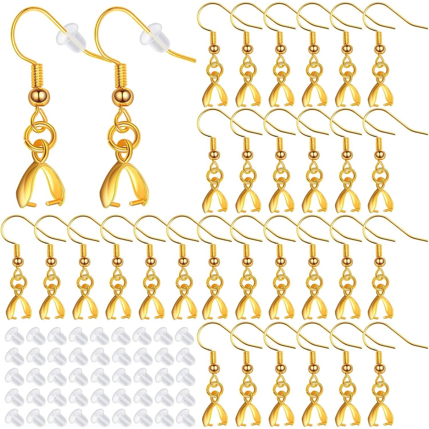 50pcs Brass French Earring Hooks Hypoallergenic Ear Wire Ball Fish Hooks with Pendant Clasps and 50pcs Clear Silicone Earring Backs for DIY Earrings Jewelry Making, Golden