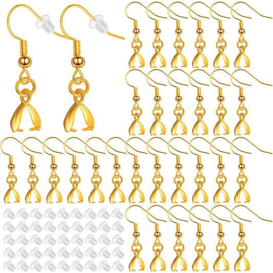 50pcs Brass French Earring Hooks Hypoallergenic Ear Wire Ball Fish Hooks with Pendant Clasps and 50pcs Clear Silicone Earring Backs for DIY Earrings Jewelry Making, Golden