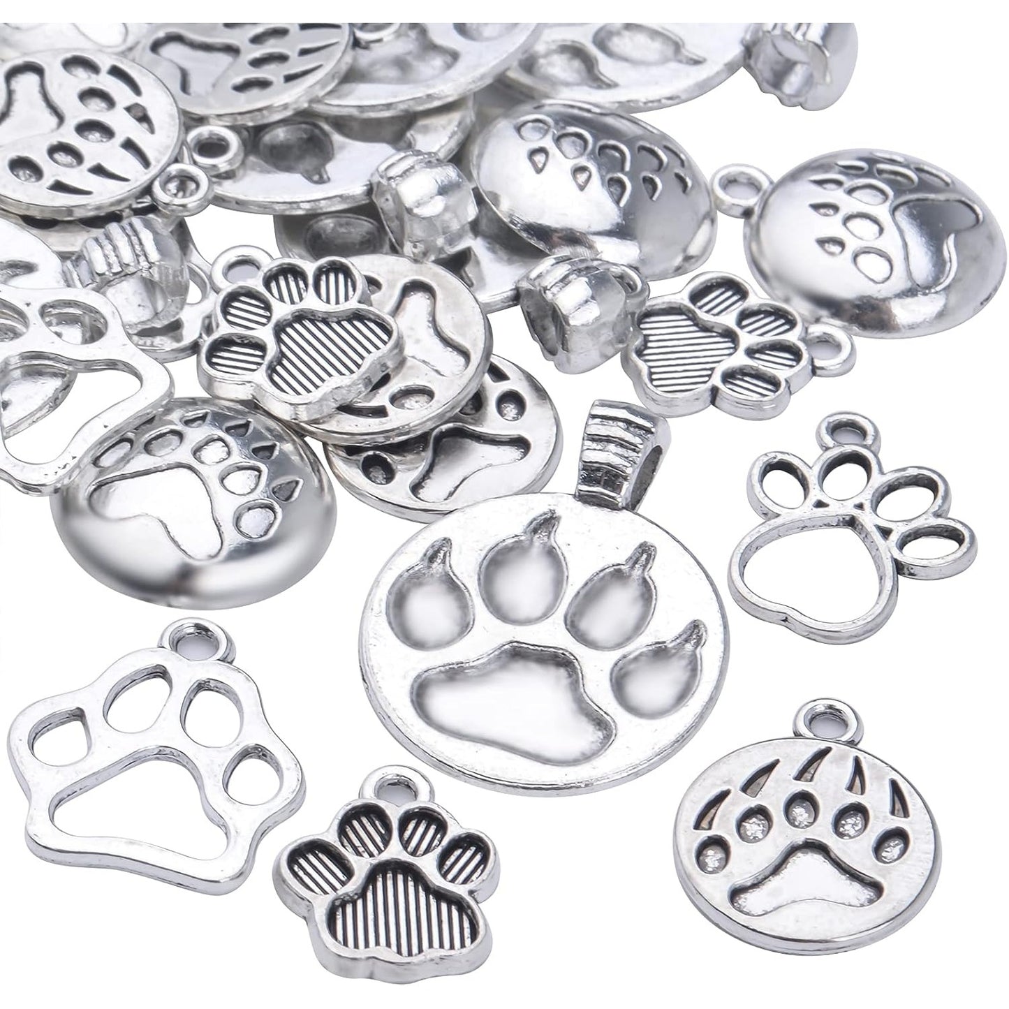 60pcs Silver Bear Dog Cat Footprint Charms Tibetan Alloy Animal Paw Prints Pendants Cute Bear Footprint Dangle Charms for DIY Bracelet Earrings Necklace Jewelry Making, 6 Styles