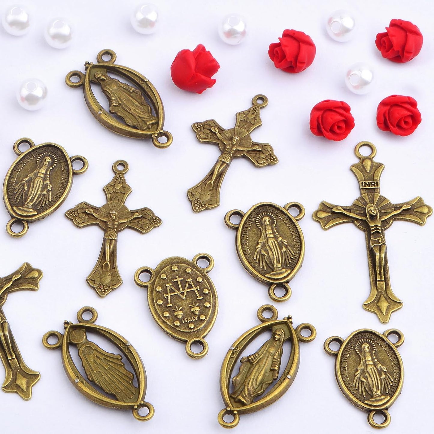10pcs Antique Golden Jesus Cross Charms, 10pcs Virgin Mary Pendant Links, 30pcs Cinnabar Red Rose Beads and 500pcs White Pearls Kit for DIY Rosary Necklace Crafts Jewelry Making