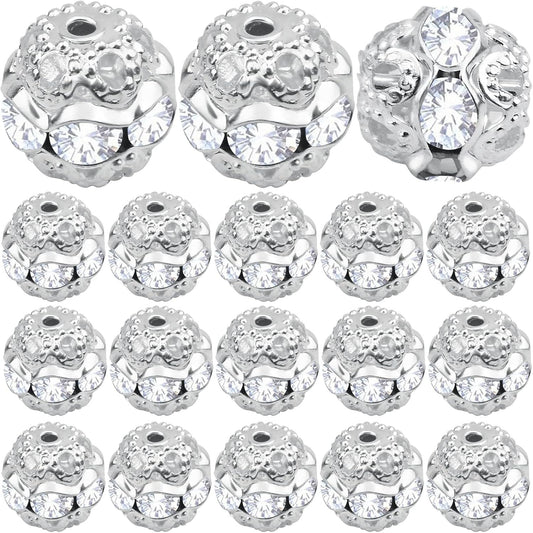 100pcs 8 mm Silver Crystal Rhinestone Ball Spacer Beads Round Ball Disco Rondelle Loose Spacer Beads Jewelry Findings Accessories for DIY Necklace Bracelet Handmade Decor
