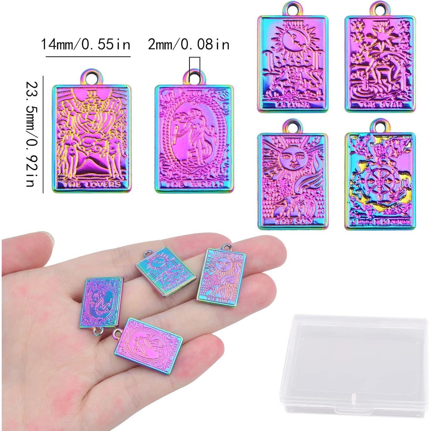 12pcs 6 Styles Tarot Card Charms Rectangle Alloy Tarot Pendants Wheel of Fortune Lovers World Sun Star Charms with a Box for DIY Bracelet Necklace Earrings Jewelry Making, Rainbow Color