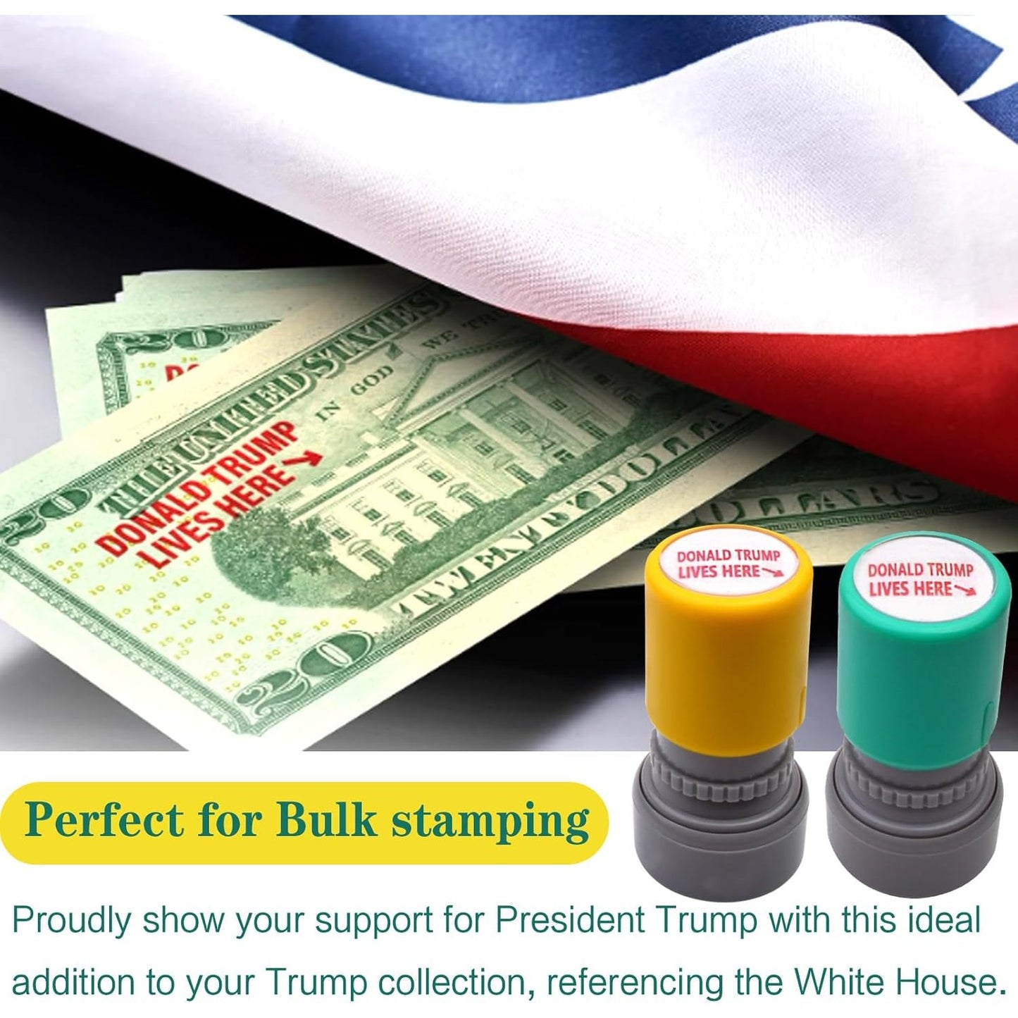 2 Sets of Donald Trump Lives Here Stamps Fun Novelty Self Inking Stamp Red Ink Trump Merchandise Gift for Money Business Party Office Supplies, 2 Colors