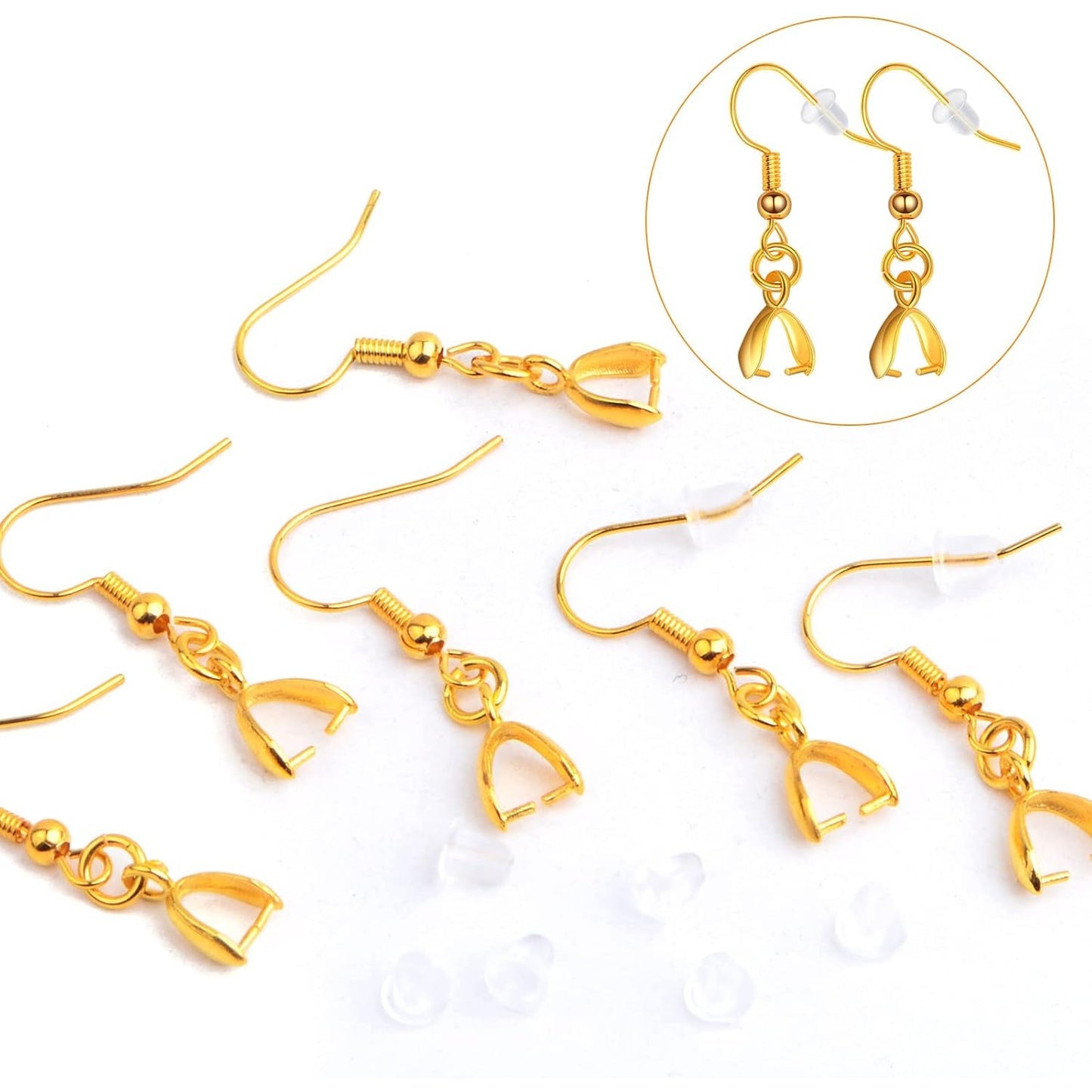 50pcs Brass French Earring Hooks Hypoallergenic Ear Wire Ball Fish Hooks with Pendant Clasps and 50pcs Clear Silicone Earring Backs for DIY Earrings Jewelry Making, Golden