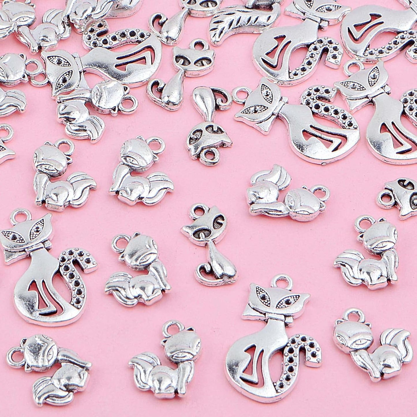50pcs Antique Silver Fox Kitty Pendant Charms Tibetan Alloy Cute Cat Pendant Vintage Animal Dangle Charms Bulk for DIY Necklace Bracelet Keychain Jewelry Making, 5 Styles…