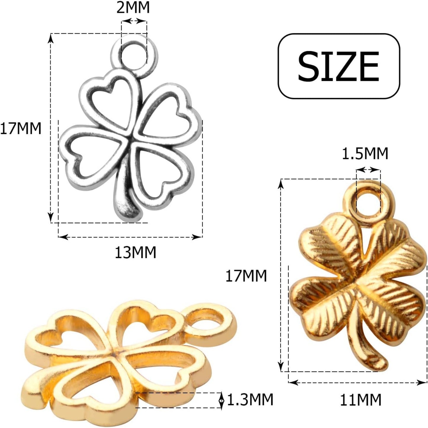 100pcs 2 Styles Alloy Four Leaf Clover Charms Lucky Charms Pendents for DIY Bracelet Necklace Jewelry Making Findings, Gold and Antique Silver